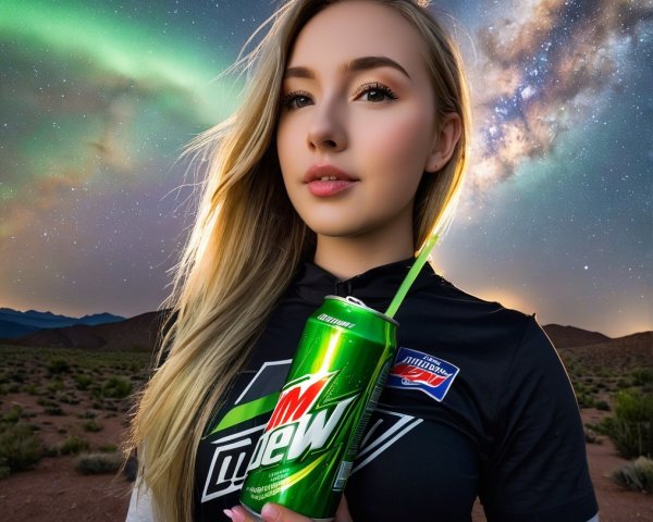 Young woman in desert with auroras and Mountain Dew
