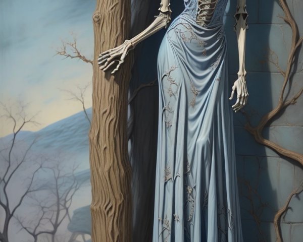Skeleton in Light Blue Formal Dress Against Misty Landscape