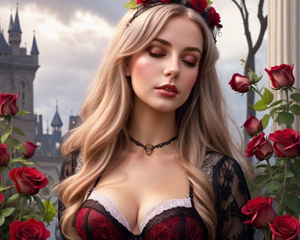 Serene woman in lace with roses near a castle