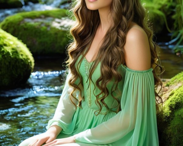 Young Woman in Mint-Green Gown by Clear Stream