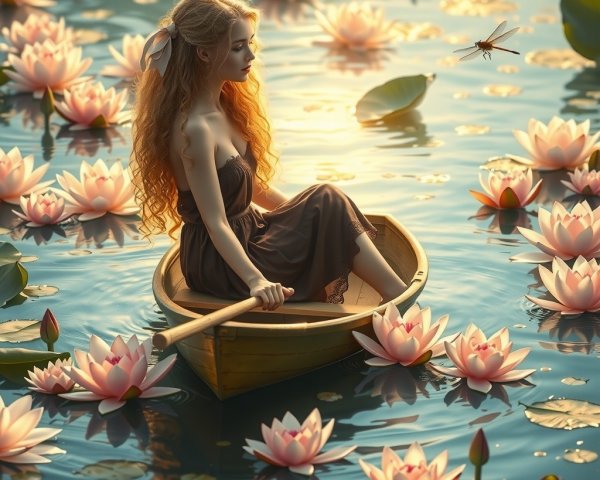 Young Woman in Boat Surrounded by Lotus Flowers