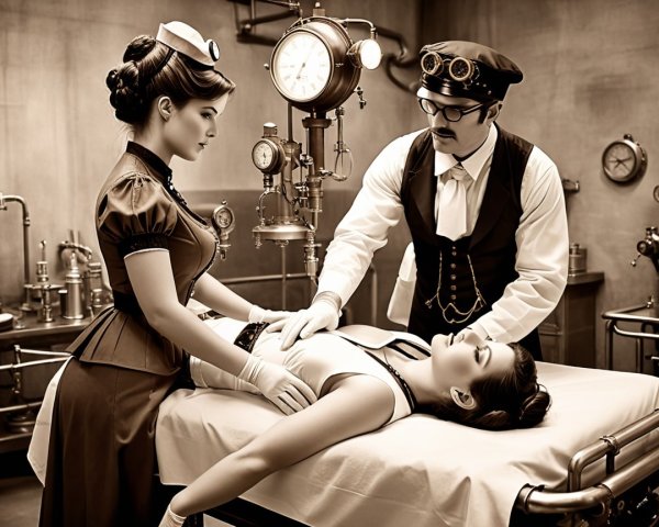 Steampunk Medical Scene with Nurse and Doctor in Lab