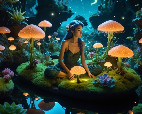Young Woman with Blue Hair in a Magical Forest