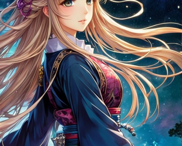 Young Woman in Colorful Kimono Against Cosmic Background