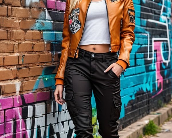 Stylish Woman in Trendy Outfit Against Graffiti Wall