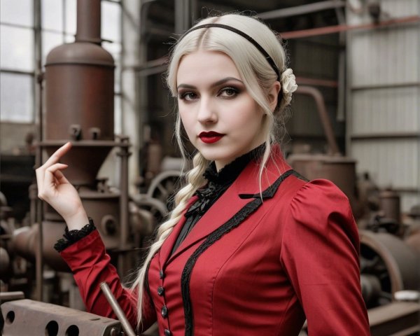 Woman in red dress in vintage industrial setting