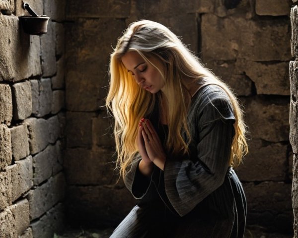 Young Woman in Prayer in a Dim Stone Cell