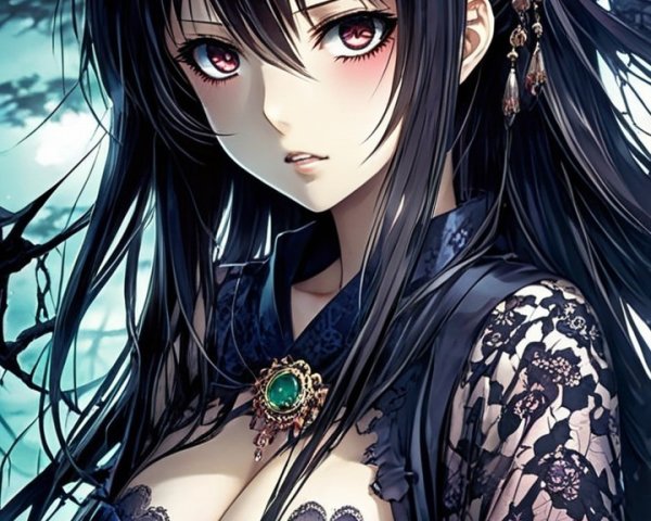Character in Dark Forest with Black Hair and Crimson Eyes