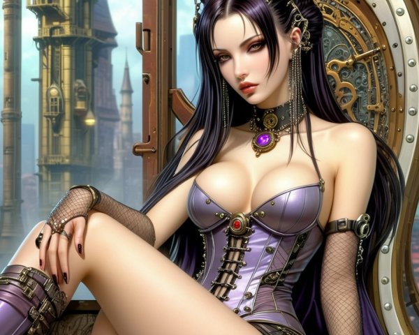 Steampunk Woman in Purple Corset in Luxurious Setting