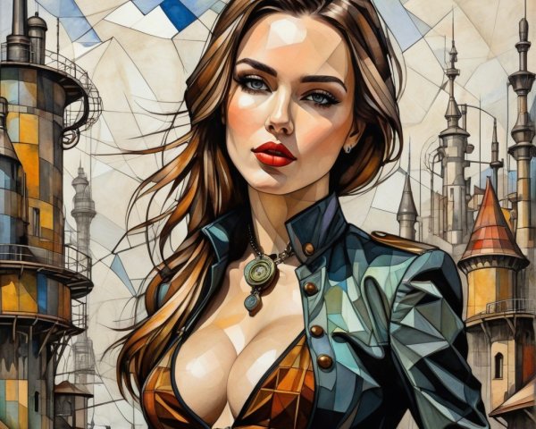 Striking Woman with Geometric Style in Fantasy Setting
