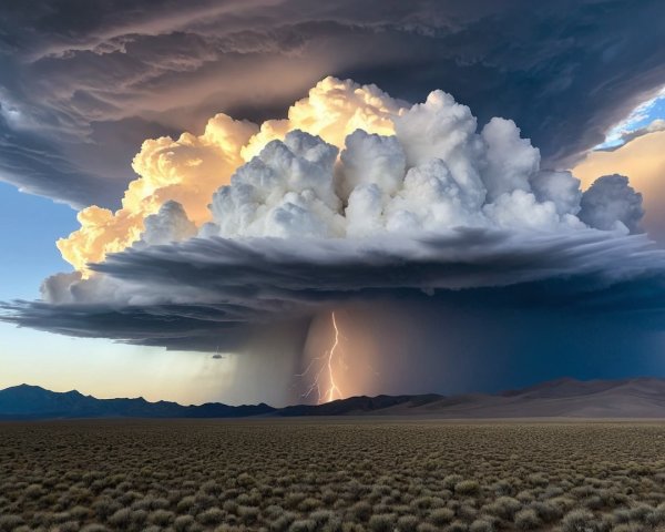 Dramatic Sky with Cumulus Clouds and Lightning Bolt