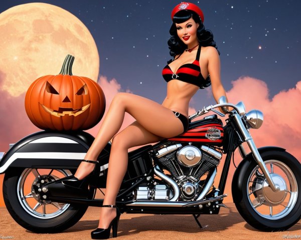 Glamorous Pin-Up Woman on Vintage Motorcycle at Night