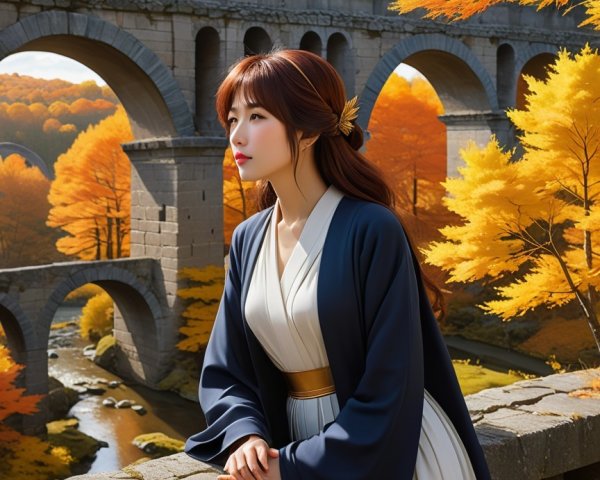 Young Woman by Stone Bridge in Autumn Foliage