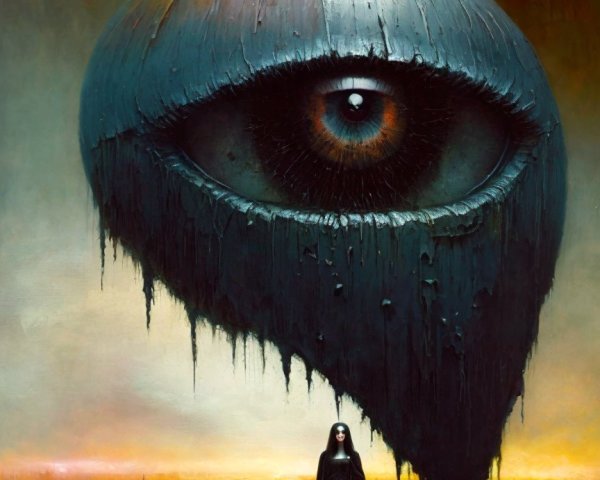 Surreal landscape with a massive eye and cloaked figure