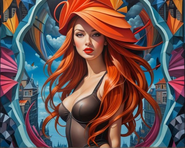 Vibrant Red-Haired Woman in Abstract Colorful Scene