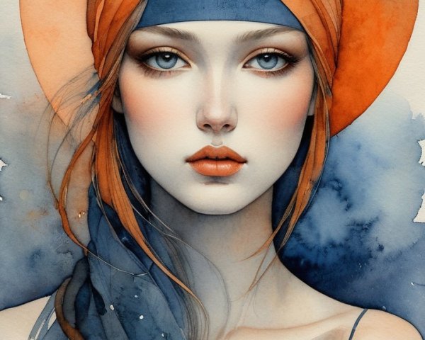 Watercolor Portrait of a Woman in Blue and Orange Hat