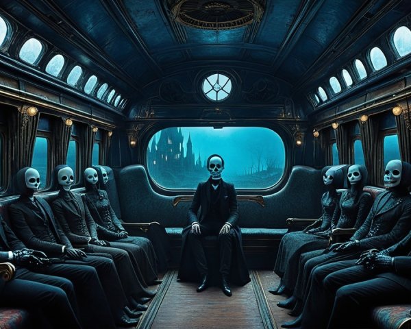 Skeletons in Formal Attire Inside Eerie Bus Setting
