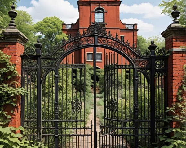 Ornate Black Iron Gate with Red Brick Building Background