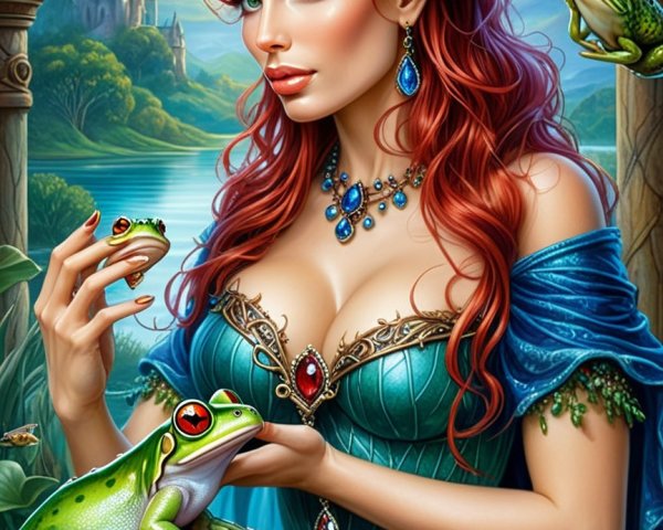 Regal Woman by Lake with Frogs and Castle Background