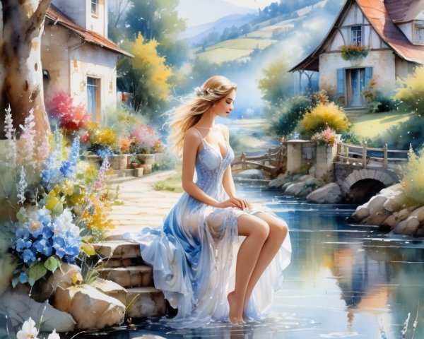 Young Woman in Blue Dress by Tranquil River Scene