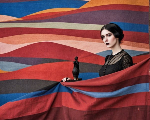 Woman in Black Lace Against Colorful Swirling Background