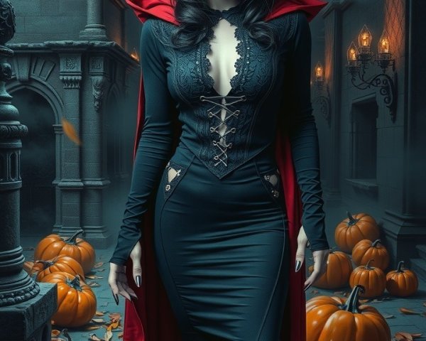 Gothic Woman in Black Dress with Red Cape and Pumpkins