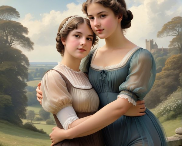 Young Women in Vintage Clothing in Serene Landscape