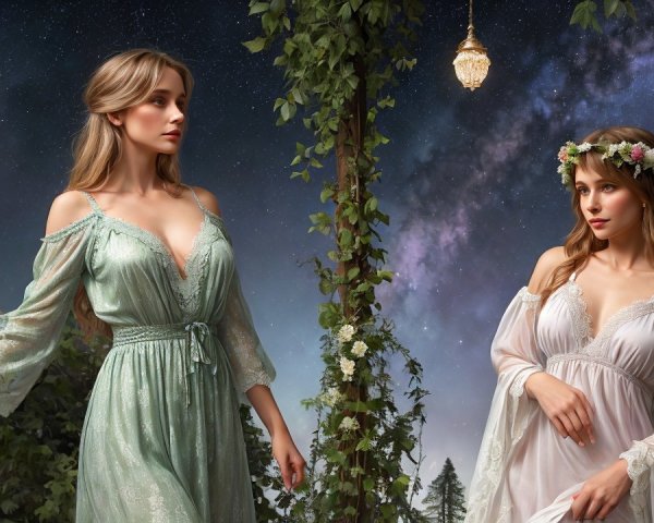 Elegant Women in Enchanted Forest at Night