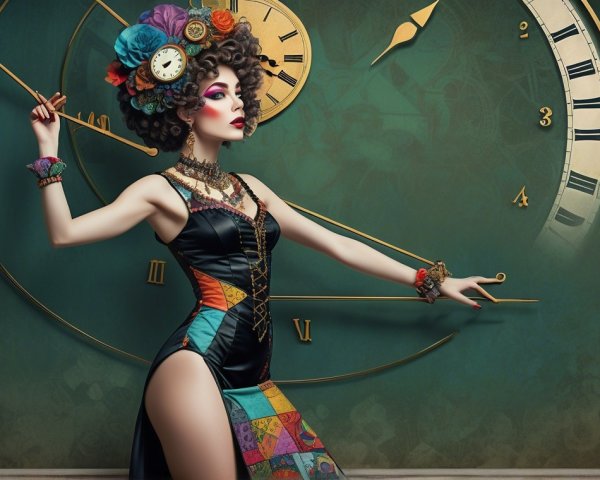 Stylish Dress with Vibrant Fabrics and Clock Motif