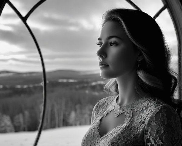 Black-and-white portrait of a woman by a window