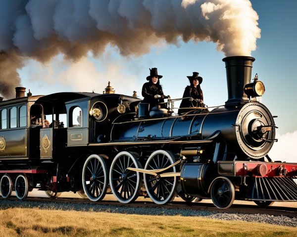 Vintage steam locomotive with white smoke and blue sky