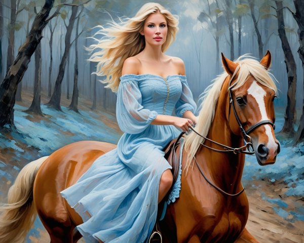 Woman in light blue dress riding chestnut horse in forest