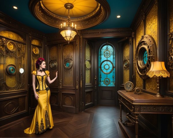 Elegant Woman in Yellow Gown in Steampunk Room