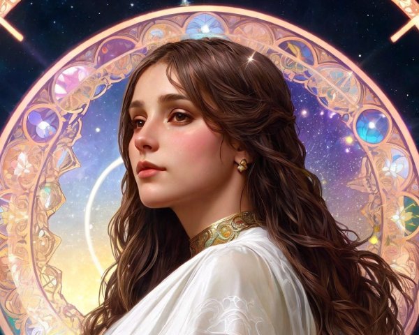 Woman in Elegant Garment with Celestial Background