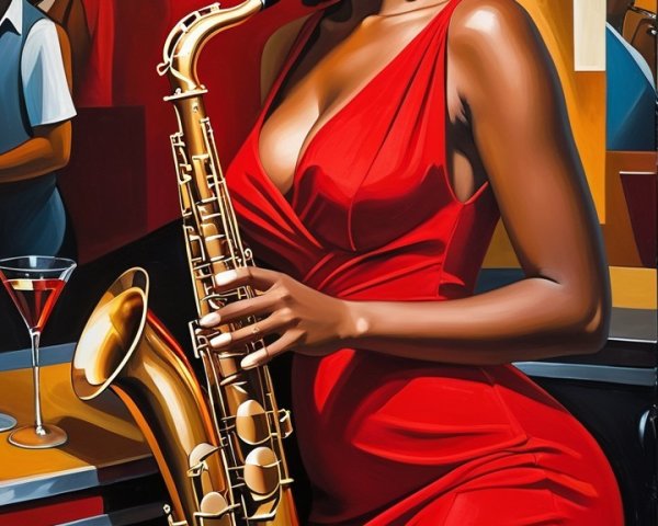 Glamorous Woman in Red Dress Playing Saxophone