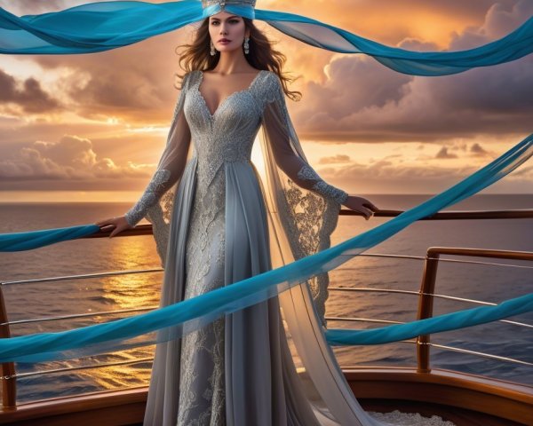 Regal figure on ship deck with sunset backdrop