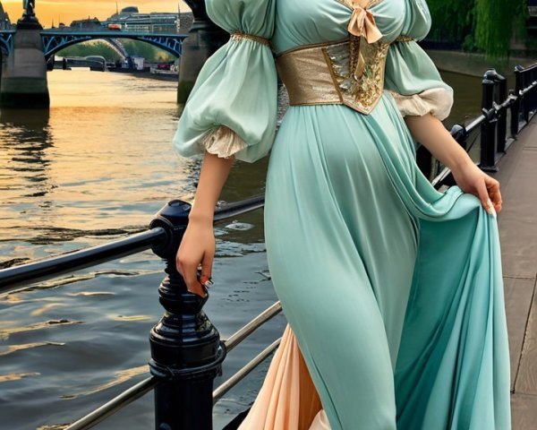 Young Woman in Mint-Green Gown by Tranquil River