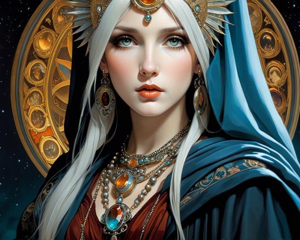 Striking woman in celestial crown against cosmic backdrop