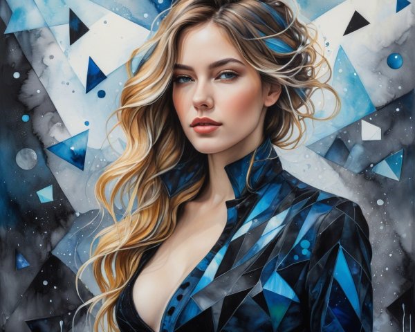 Portrait of a Woman in Geometric Blue Jacket