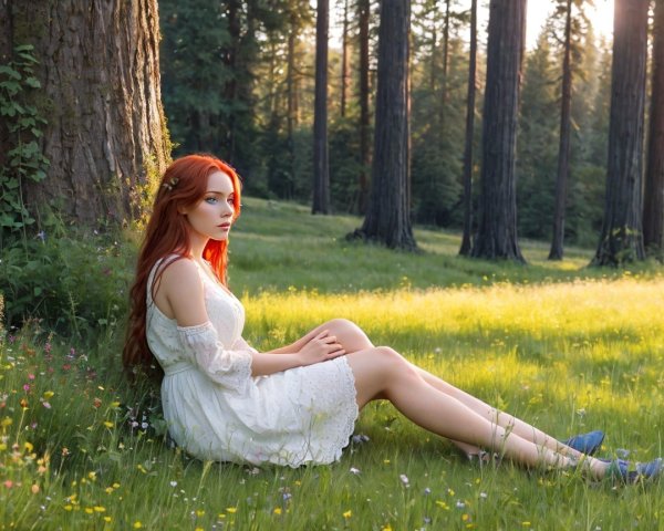Young Woman in White Dress in Sunlit Forest Setting