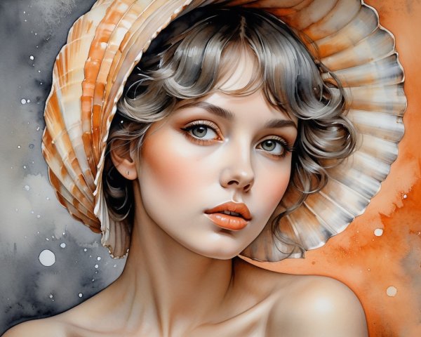 Elegant Woman with Shell Hat and Dreamy Background