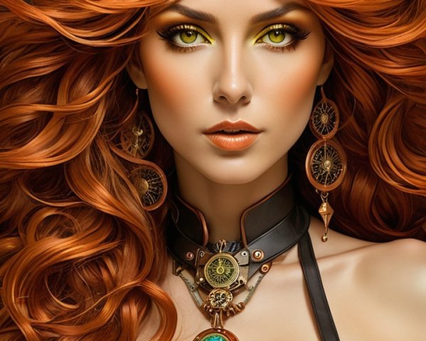 Woman with Red Hair in Green Dress and Jewelry