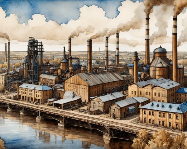 Industrial Complex by River with Smokestacks and Trees