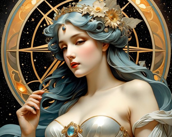 Serene Woman with Blue Hair in Celestial Setting