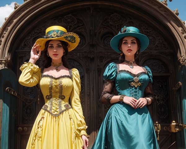 Elegant Women in Vibrant Gowns at Grand Entrance