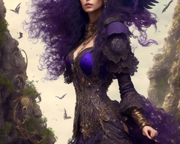 Regal woman in dark armor with wings and birds