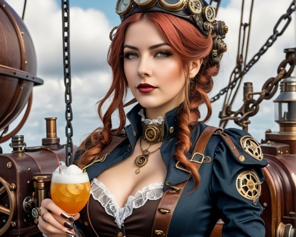Steampunk Woman on Airship with Azure Sky Background