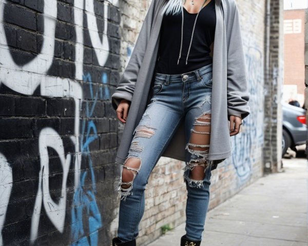 Stylish Individual in Urban Fashion Against Graffiti Wall