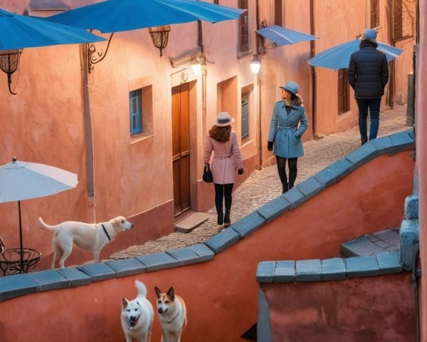 Pastel-Colored Street Scene with Umbrellas and Dogs