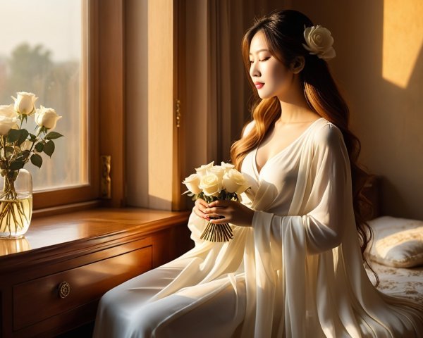 Woman in White Gown by Sunlit Window with Roses